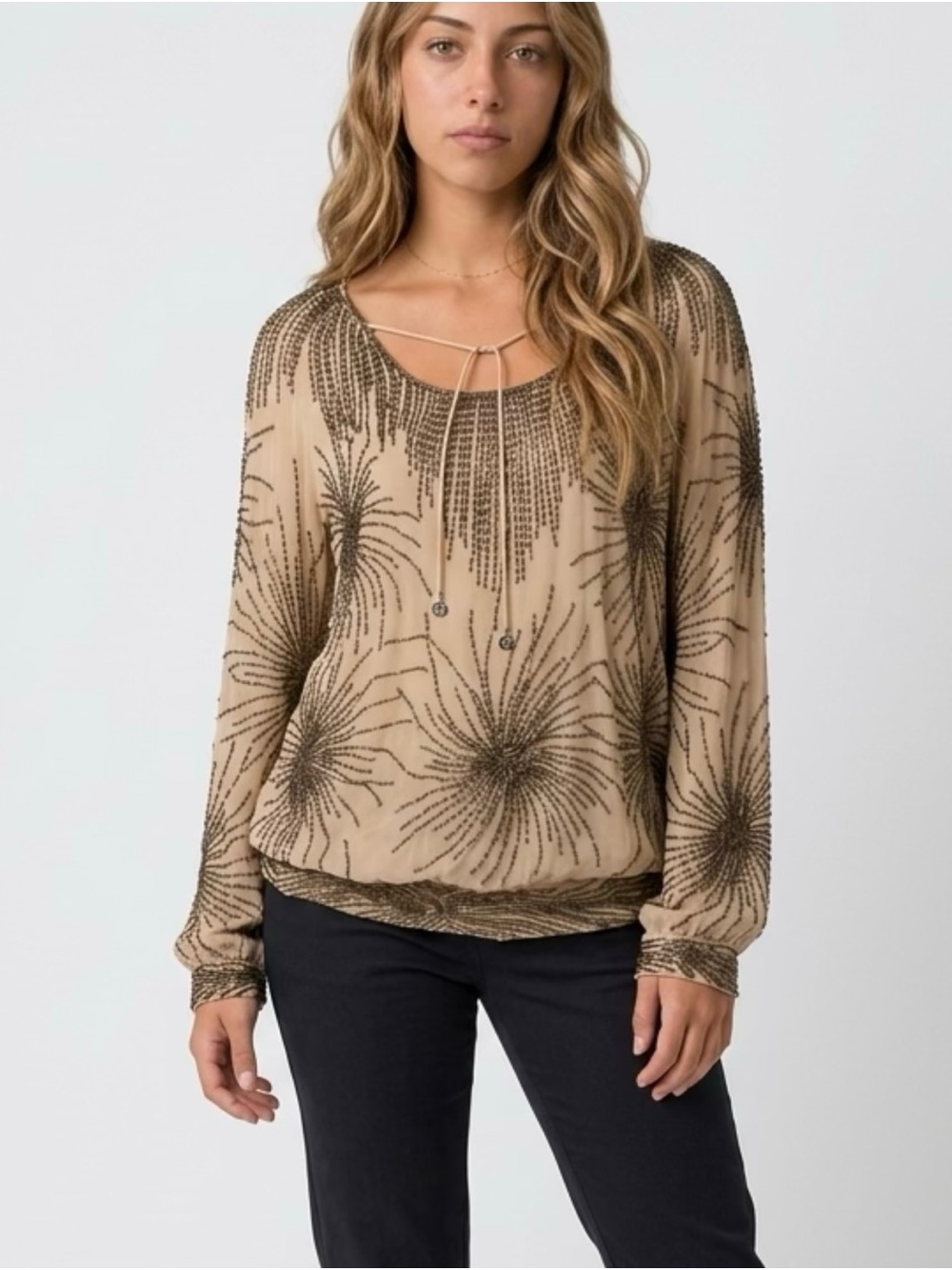Haute Hippie Beaded Tie-Neck Long Sleeve Top in Beige